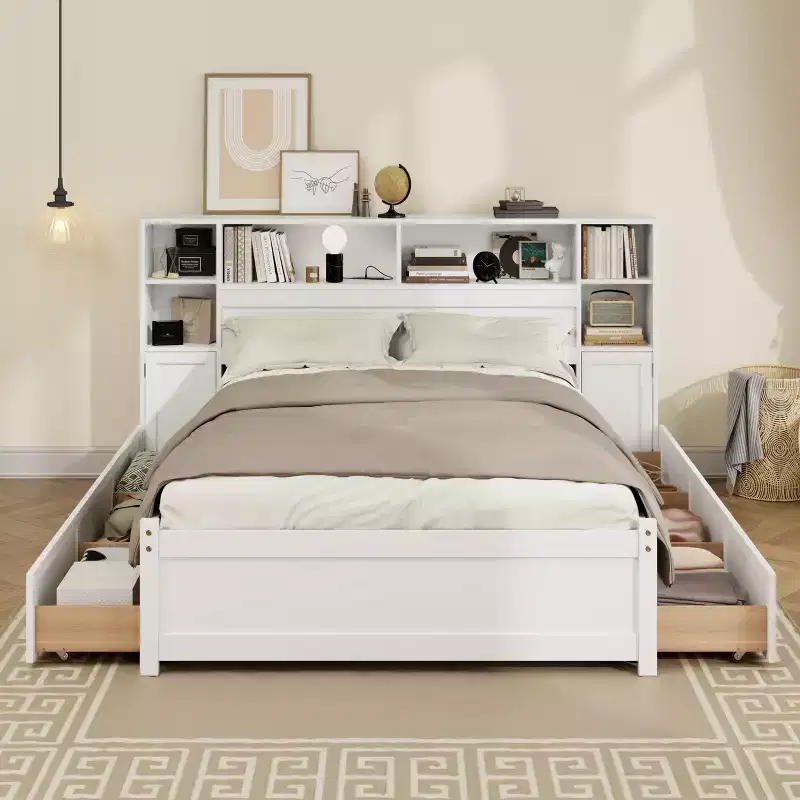 Lucas Twin Size Wooden Storage Bed with Tall Bookcase Headboard and Drawers