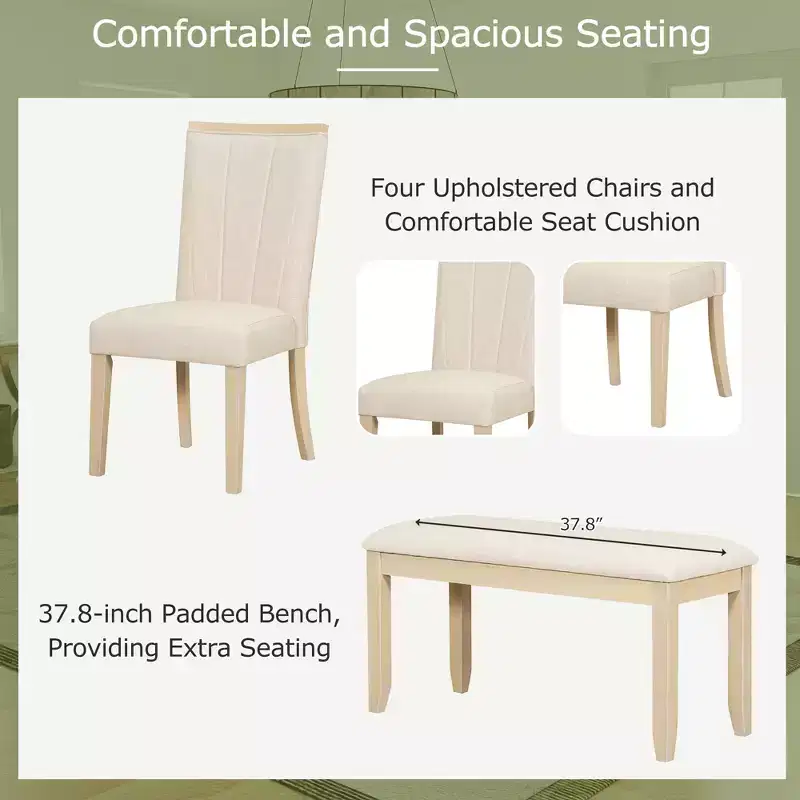 6 Piece Extendable Dining Table Set Dining Set with Removable Leaf, 4 Upholstered Dining Chairs and Bench, Natural+Beige - ModernLuxe