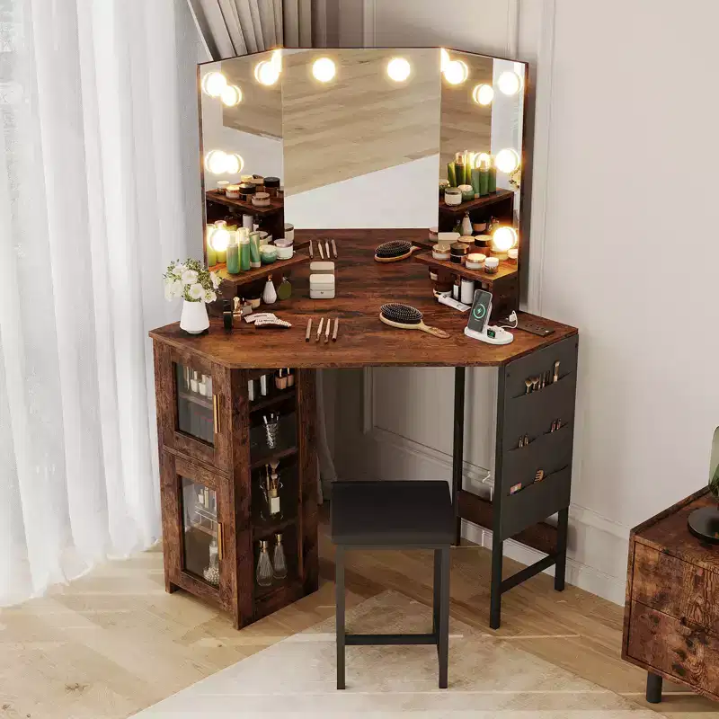 Modern Corner Makeup Vanity with Lighted Mirror & Stool Set, Space-Saving Vanity Desk with Charging Station and Storage Cabinet for Bedroom