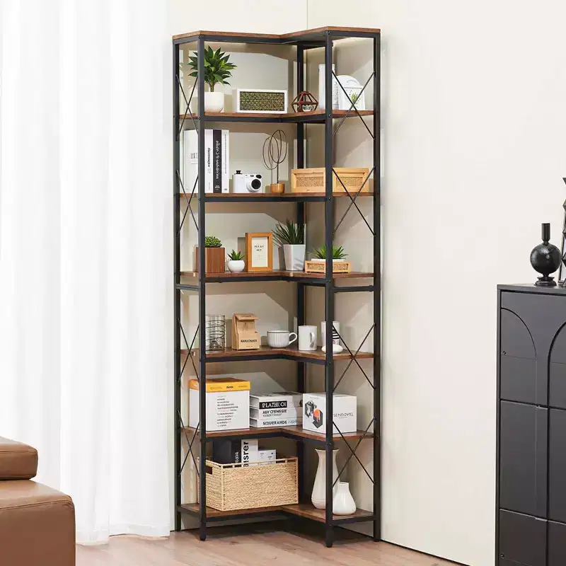 VEVOR 7 Tier Corner Bookshelf, 79 Tall Corner Bookcase with Heavy Duty Metal Frame & Wooden Shelves, Black