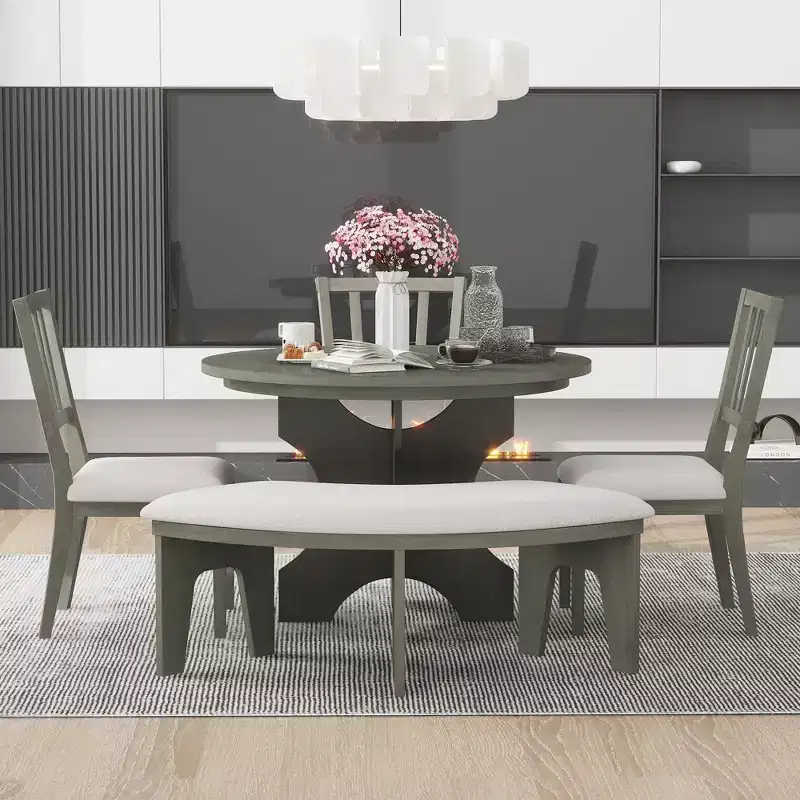 Whisen 5-Piece Rustic Charm Round Dining Set with 3 Upholstered Chairs and Curved Bench for Dining Room, Kitchen