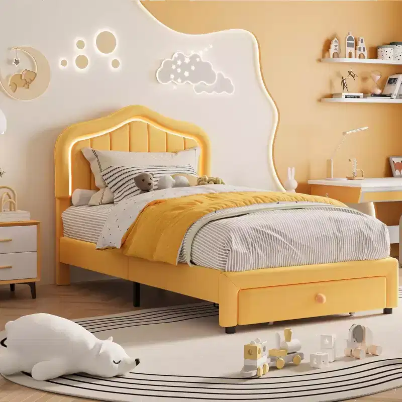 Twin Upholstered Bed Frame with Storage Drawer and Smart Led Headboard, Twin Size Platform for Kids, Wooden Slats Support, No Box Spring Needed