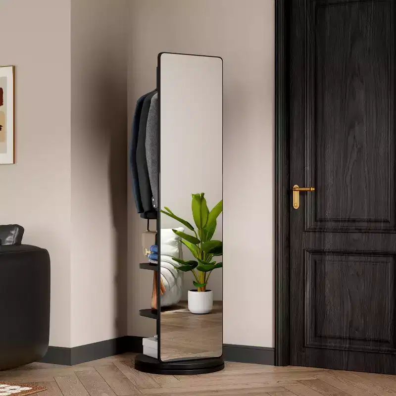 69 Full Length Mirror with Stand, 360 Rotating Solid Wood Freestanding Mirror with Hooks & Coat Rack for Bedroom or Living Room