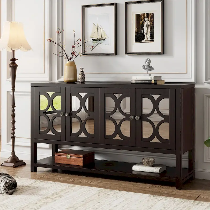 Espresso / Antique White / Antique Navy Retro 4-Door Sideboard with Mirrored Panels & Open Shelf