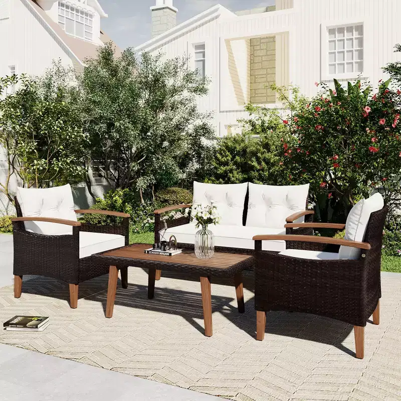4PCS Patio PE Rattan Conversation Seating Set with Wood Tabletop and Legs-ModernLuxe
