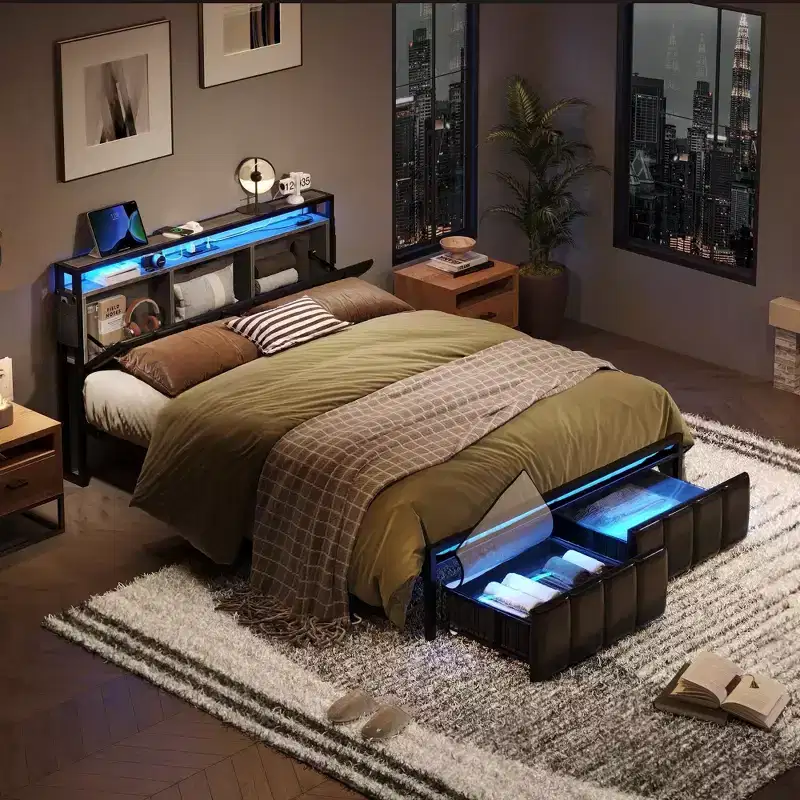 Bestier Full Bed Frame with Hidden Storage Headboard&Dual LED Light,Black PU Leather Bed with 2 Drawers, 2 Tier Shelves with Charging Station