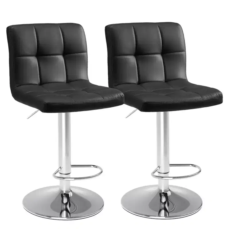 HomeRoots Set of Two Black and Silver Faux Leather and Aluminum Adjustable Height Swivel Bar Chairs