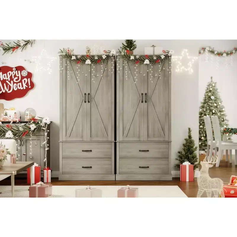GustoWave Kitchen Pantry Storage Cabinet with Barn Doors, Drawer, and 2 Adjustable Shelves, Freestanding Tall Hutch with Microwave Stand