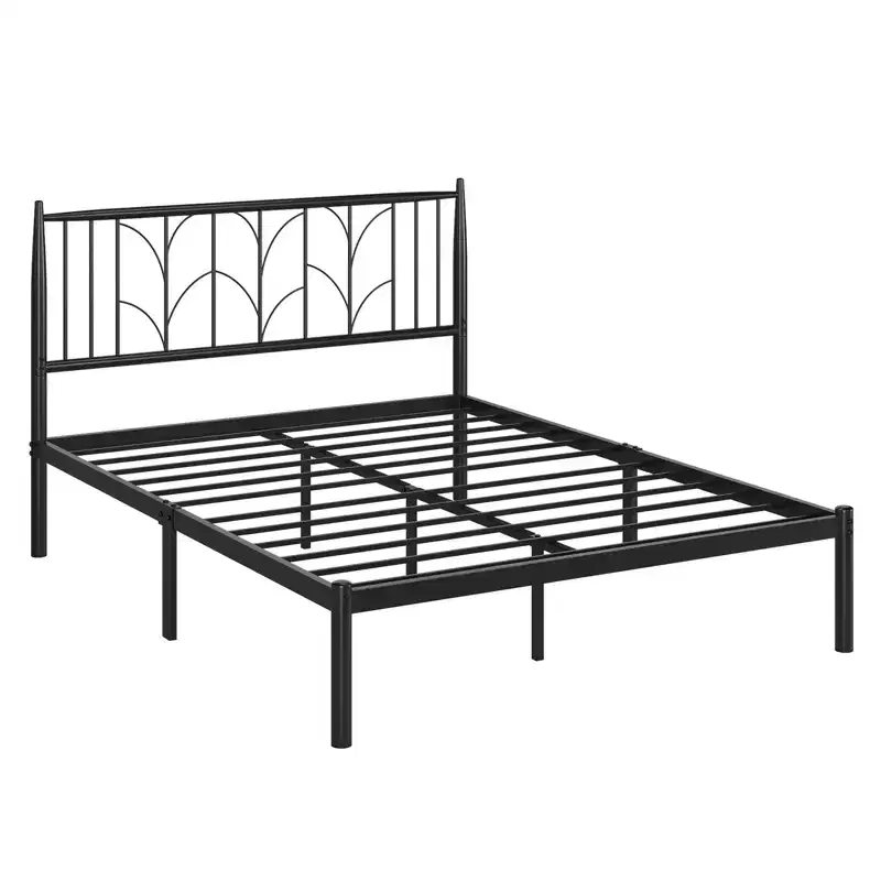 Full-size bed frame, vintage-style bed board, platform bed frame with mattress base, metal frame, steel bar support, no spring box required, gold.