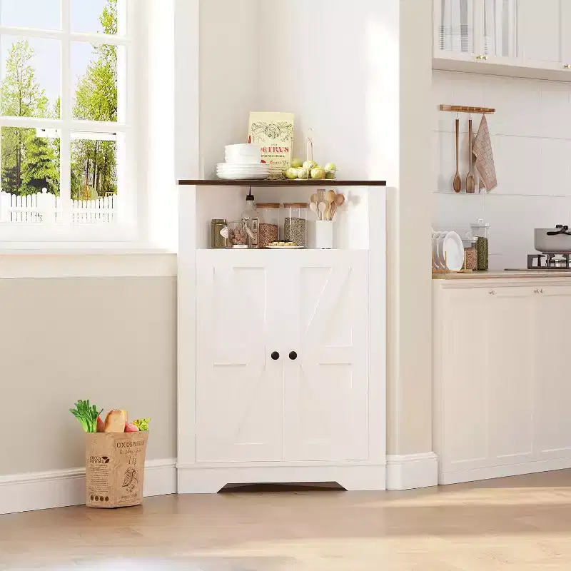 Corner Storage Cabinet, Farmhouse Small Floor Corner Cabinet with Door & Adjustable Shelf, Narrow Organizer for Bathroom, Kitchen or Living Room