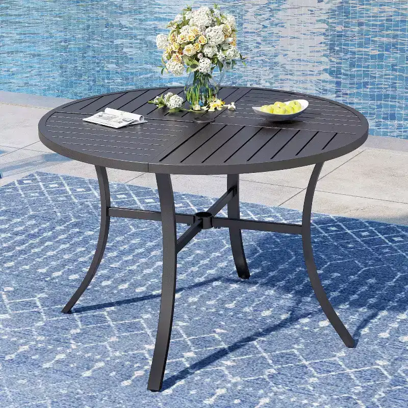 5pc Outdoor Dining Set with Stackable Chairs & Metal Round Table with Umbrella Hole - Black - Captiva Designs: Weather-Resistant Patio Set