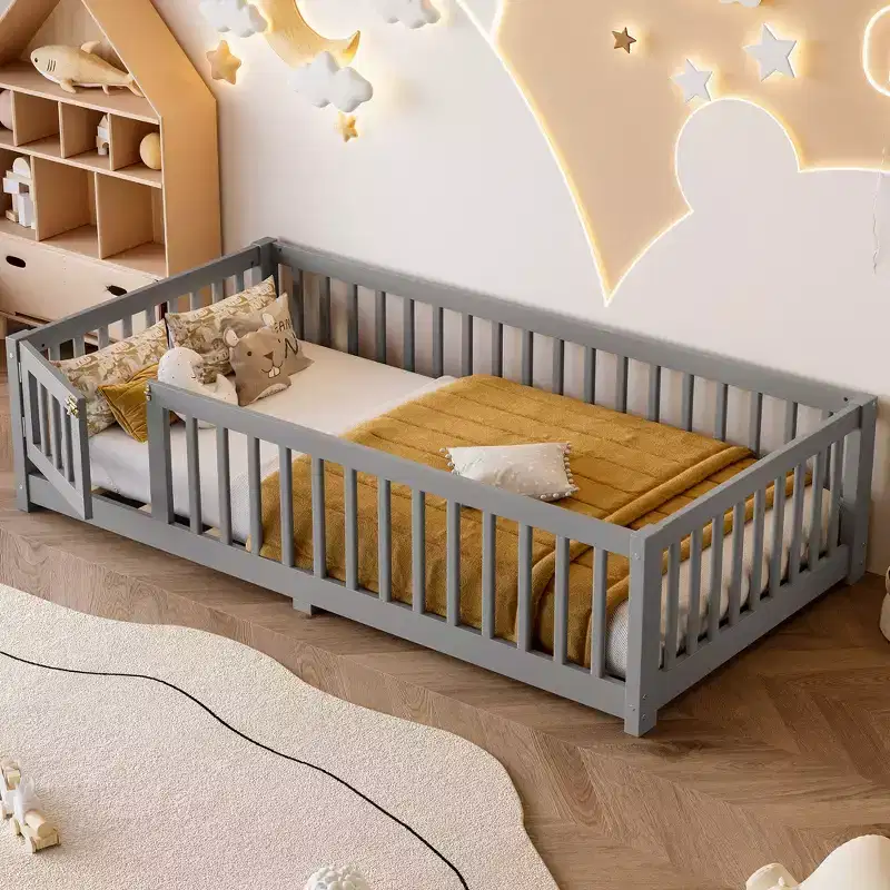 Twin/Full/Queen Size Floor Bed with Guardrails and Door, Wood Platform Bed for Kids