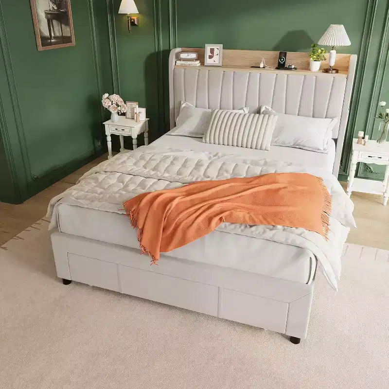 Full Size Upholstered Platform Bed with Storage Headboard, Charging Station, Storage Drawer, Wooden Slat Support, Noise-Free, Beige