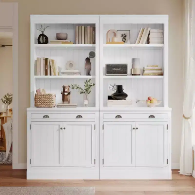 83.4 Tall Storage Bookcase With Open Shelves, 2-Piece Set Freestanding Bookshelf With 2 Doors And 1 Drawer For Home Office Bedroom Living Room