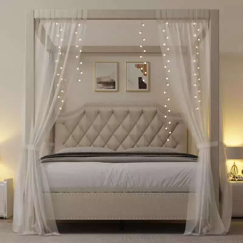 Acekool Queen Canopy Bed - Upholstered Headboard
