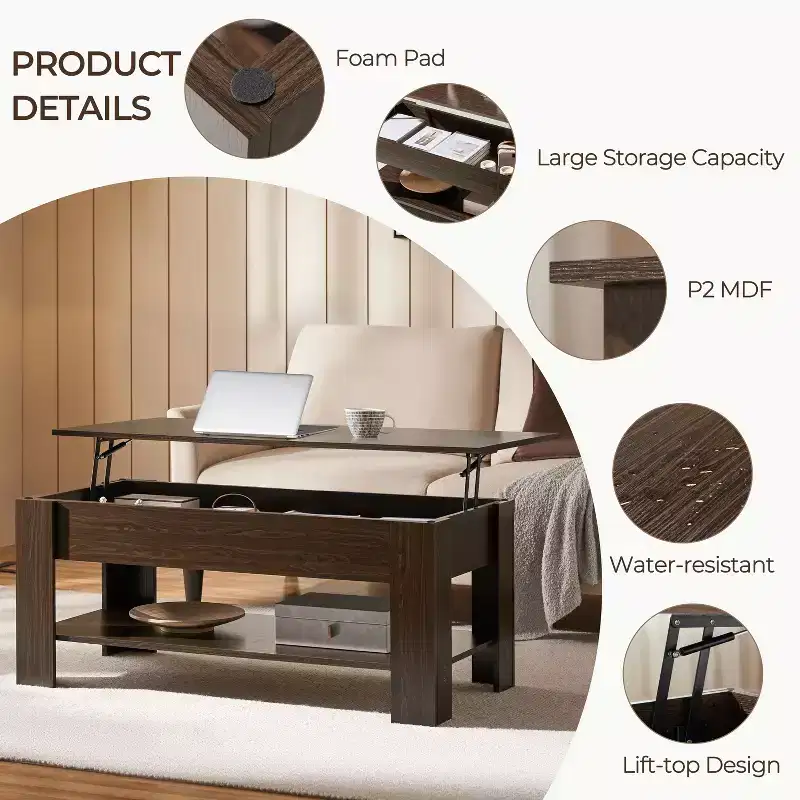Lift Top Coffee Table with Hidden Compartment & Open Shelf For Living Room