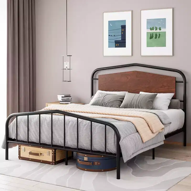 Metal Bed Frame with Wooden Headboard - Wrought Iron Platform Bed, Under Bed Storage, Easy Assembly for Industrial Style Bedroom