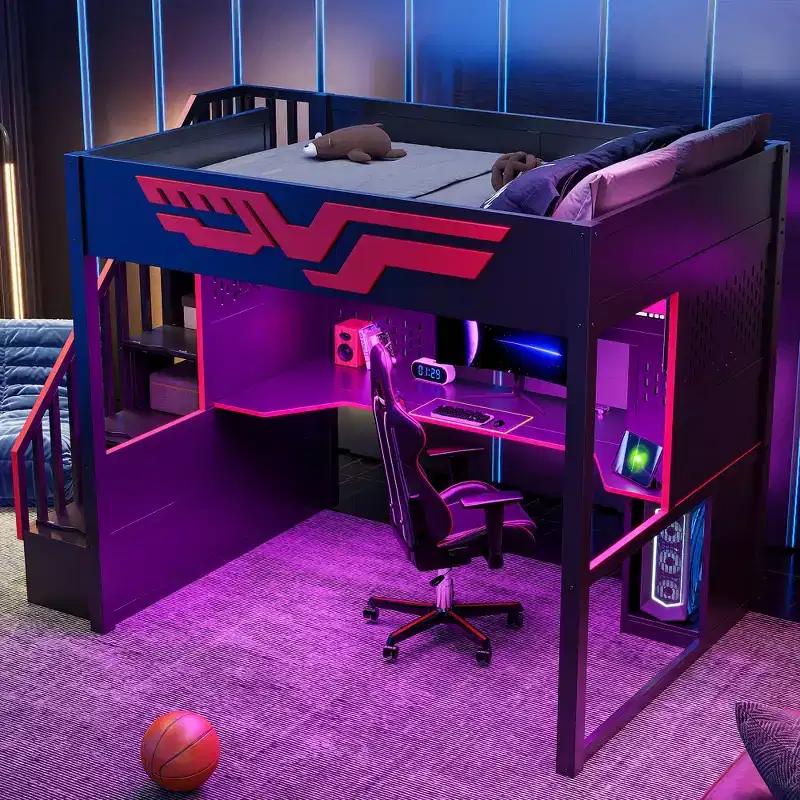 Full Gaming Loft Bed with Desk and LED Light, Wood Full Size Stairway High Loft Bed and Storage Staircase and USB, Red+Black