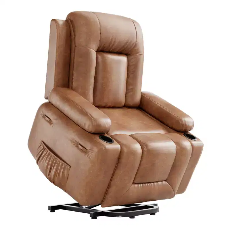 Oversized Power Lift Recliner Chair for Seniors  Extra Wide Seat, Heated Massage, Faux Leather Electric Sofa with Cup Holders & Side Pockets, Beige