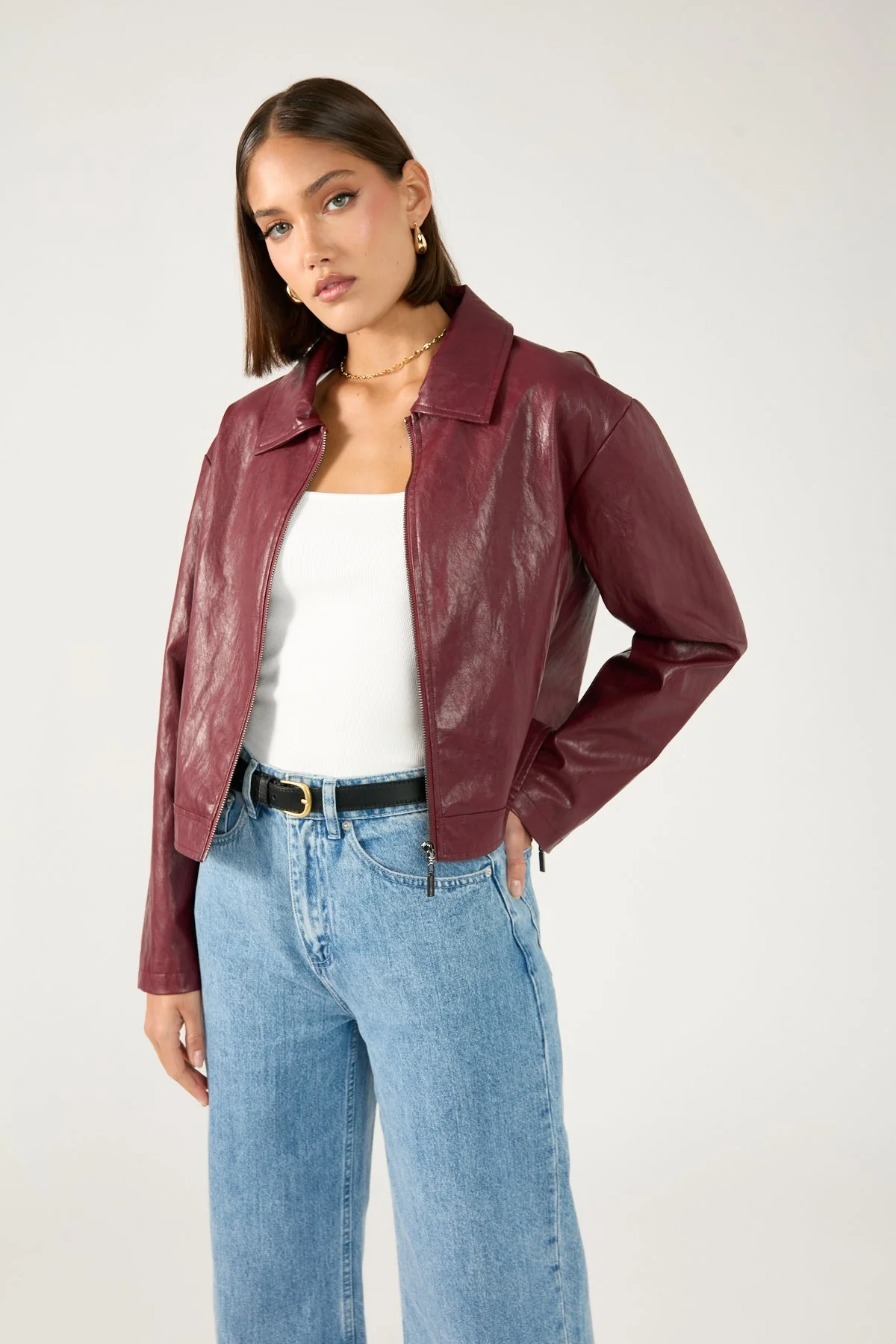 Faux Leather Zip Up Jacket Burgundy