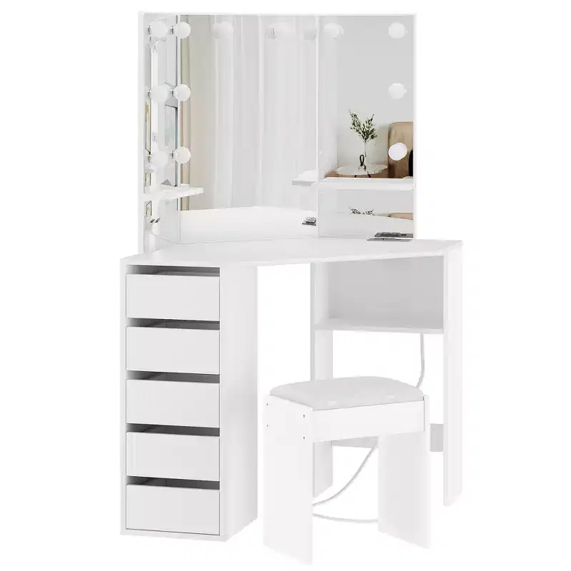 Corner vanity set with triple-fold lighted mirror, featuring a charging station, 5 rotating drawers, and storage benchperfect for the bedroom.