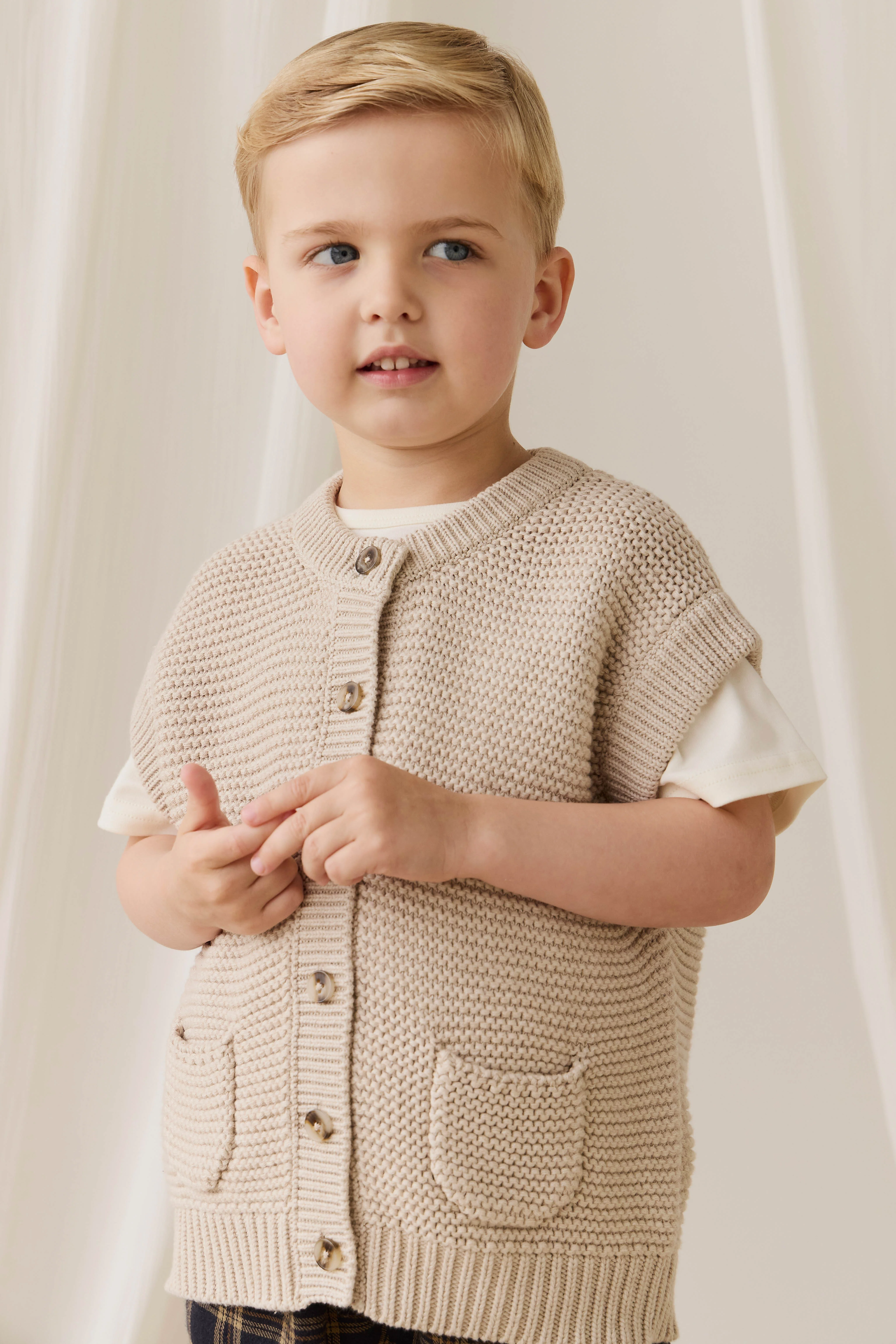 Classic Oat 100% Cotton Knit Vest with Button Front & Pocket Detail for Layering 0M–8Y