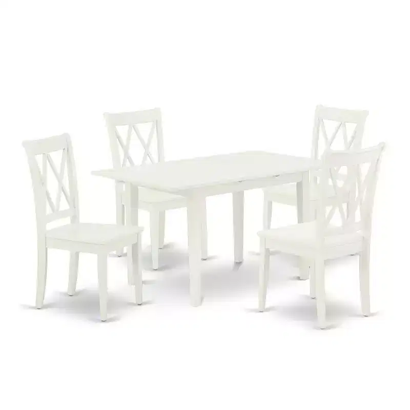HomeStock 5-Pc Linen White Finish Solid Wood Top-Rectangular Dining Room Set with Butterfly Leaf-Seats 4