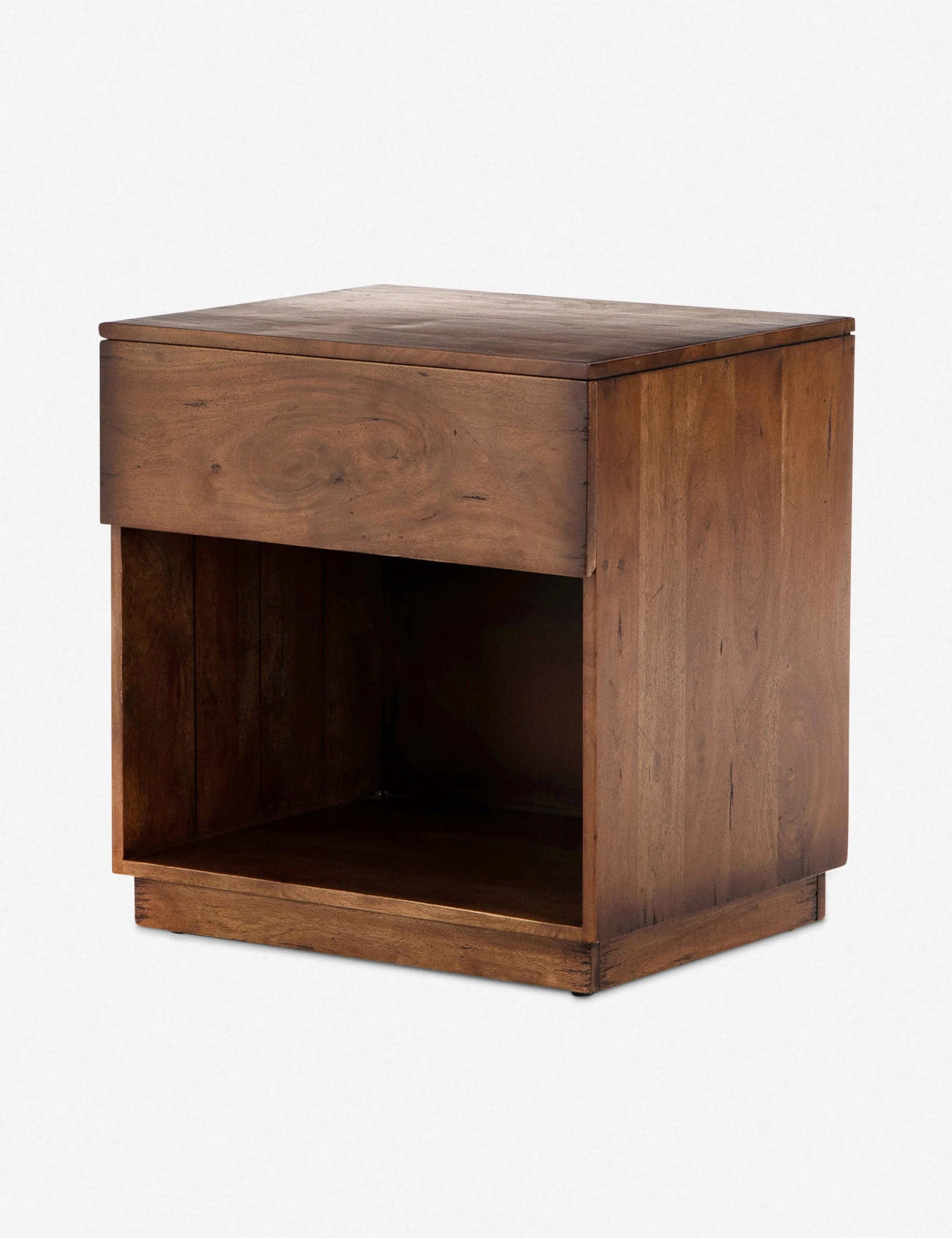 Nightstand Fashioned from solid acacia wood, this nightstand's natural knots and graining offer a rich organic texture. A warm finish displays mid