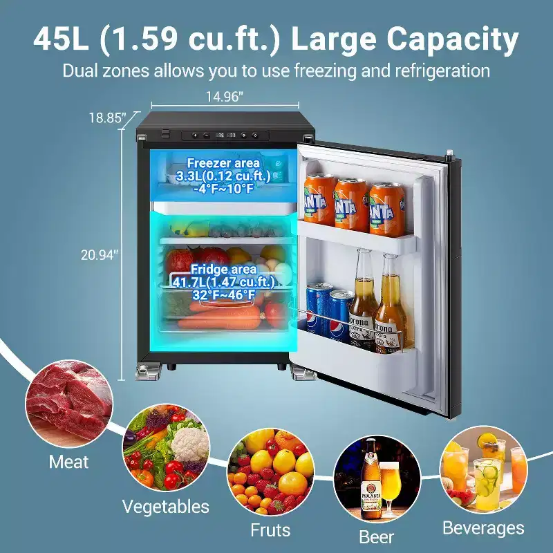 65L RV Refrigerator, 12 Volt Dual Zone Fridge and Freezer, WIFI APP Control Portable Fridge with Door Lock,3 levels (H/M/L) of battery protection