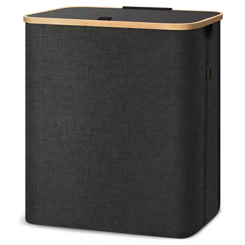 Laundry Hamper with Lid, Bamboo Pull Handles, Large Capacity, Internal Support