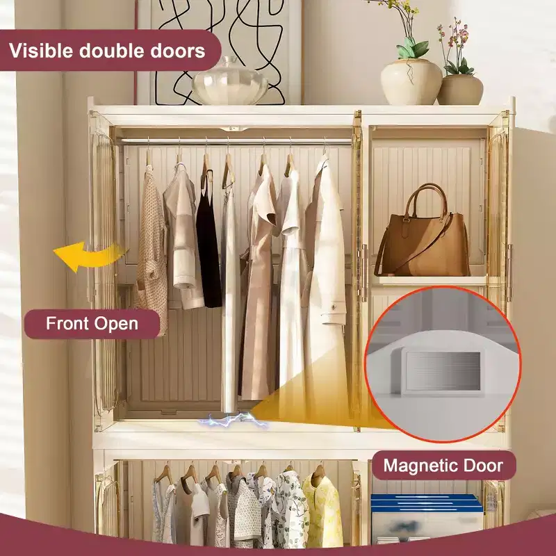 Portable Wardrobe Closet Organizer with 6 Magnetic Doors, 6 Cubes & 2 Hanging Rods, Includes 6 Hangers, Baby Clothes Storage Cabinet, White