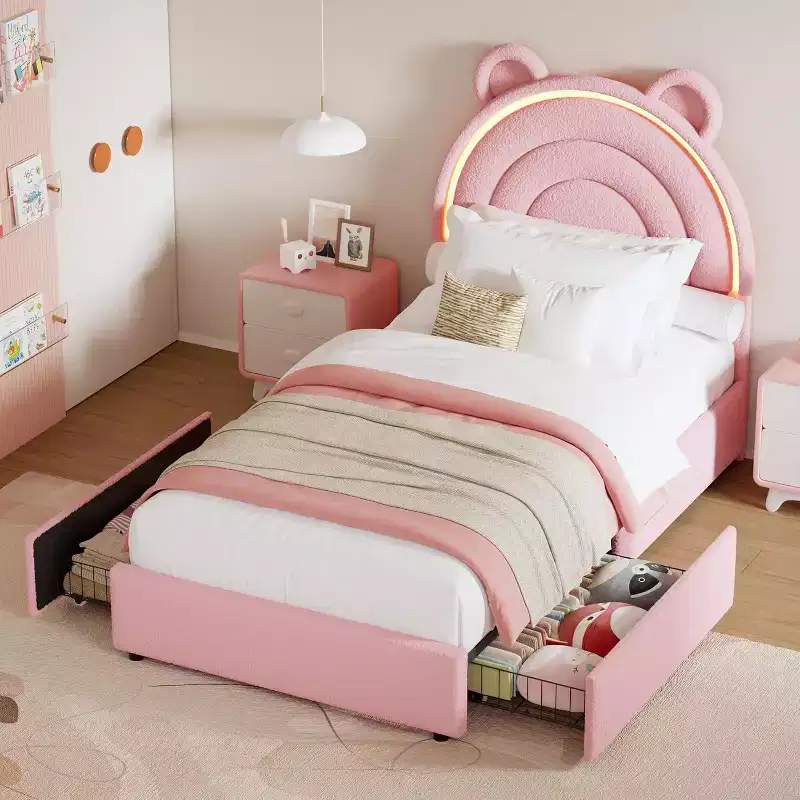 Twin Size Platform Bed Frame with Storage Drawers and LED Headboard