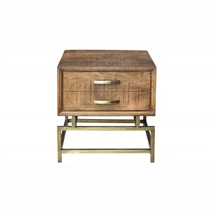 HomeRoots 21 Brass And Brown Solid Wood And Iron Square End Table With Drawer