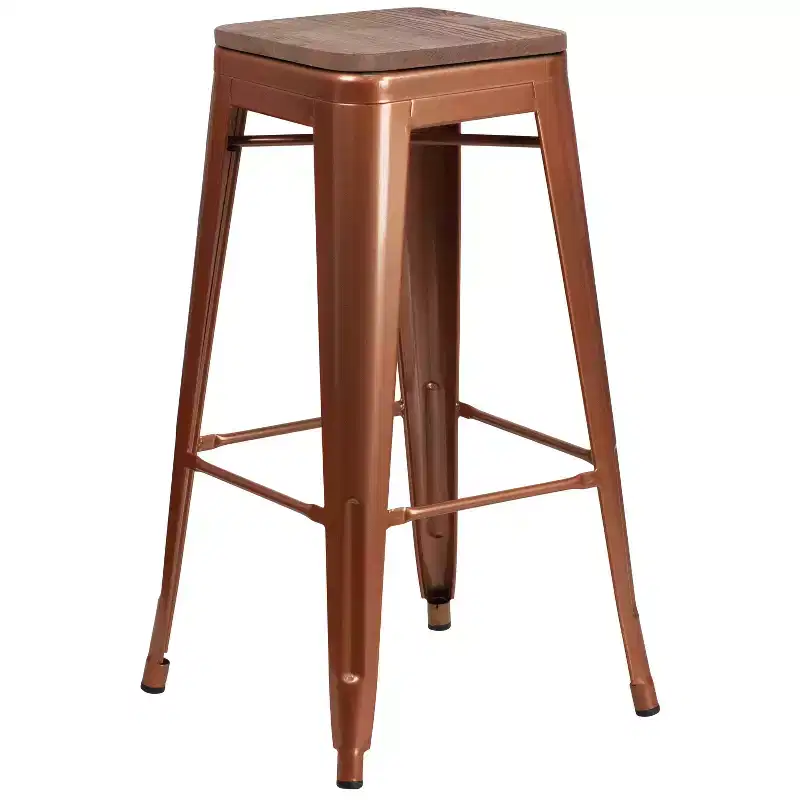 Backless Metal Dining Stool with Wooden Seat for Indoor Use, 30
