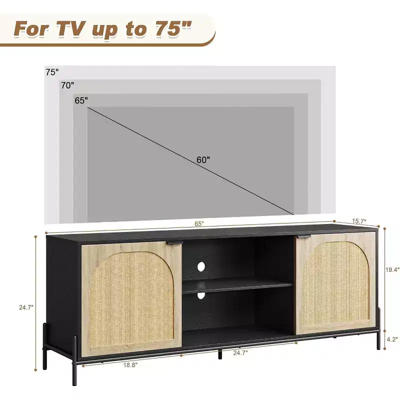 GustoWave 65 Media Console Cabinet, Rattan TV Stand with 2 Doors & Open Shelves for 60-75 Inch TVs