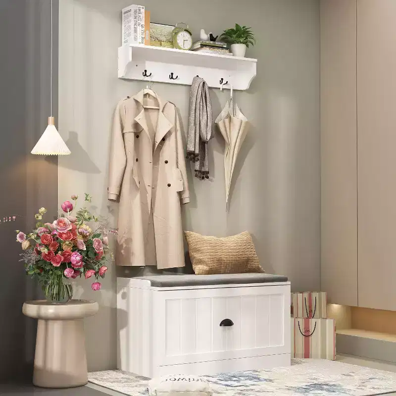 Famapy White Coat Rack Shoe Bench Set Wall Mount Hall Tree