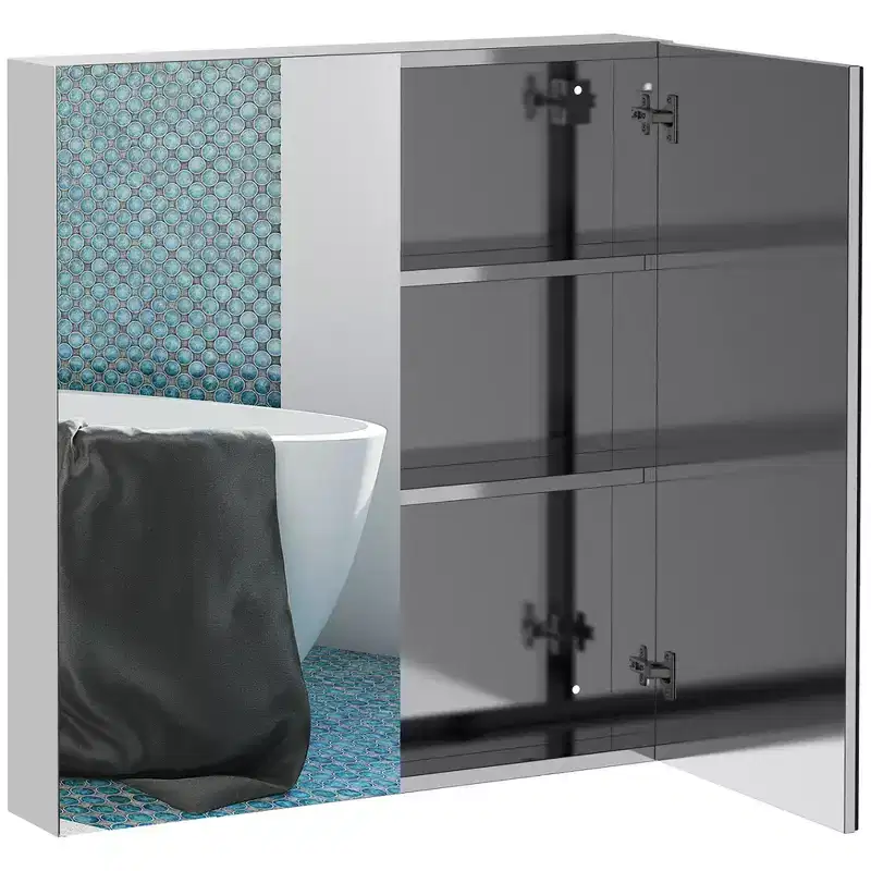 Bathroom Mirrored Cabinet, 24x26 Stainless Steel Frame Medicine Cabinet, Wall-Mounted Storage Organizer with Double Doors