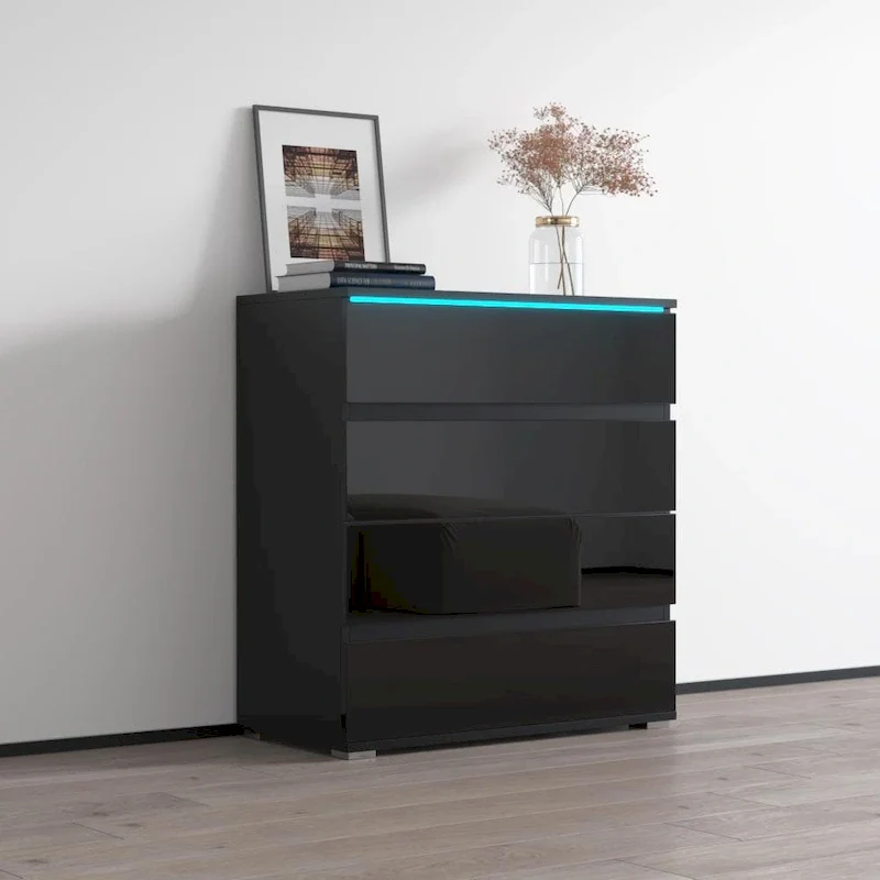 Glossy Modern Dresser with 4 Drawers & 19-Color LED Lighting