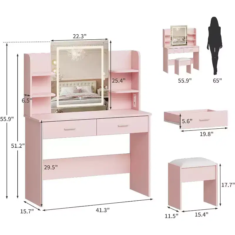 Acekool Vanity Desk with Lighted Mirror, Stool, Power Outlet, 6 Shelves, 2 Large Drawers, 3-Color Adjustable LED, Makeup Vanity for Bedroom, Pink