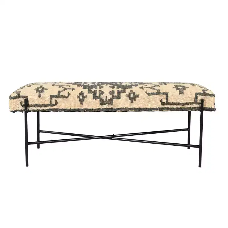HomeRoots 48 Cream and Black Cotton Blend Upholstered Southwest Bench