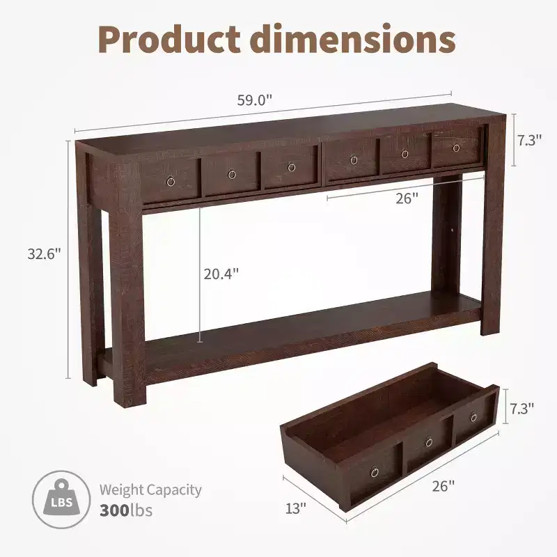 54 Rustic Farmhouse Console Table for Entryway, Long Wooden Sofa Table with 2 Storage Drawers & Open Display Shelf for Hallway & Living Room