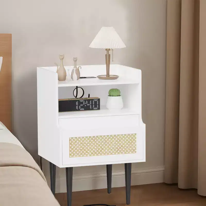 Rattan Nightstand , White Bedside Table, Farmhouse End Table with Drawer and Open Storage Shelf, Modern Side Table for Bedroom, Living Room