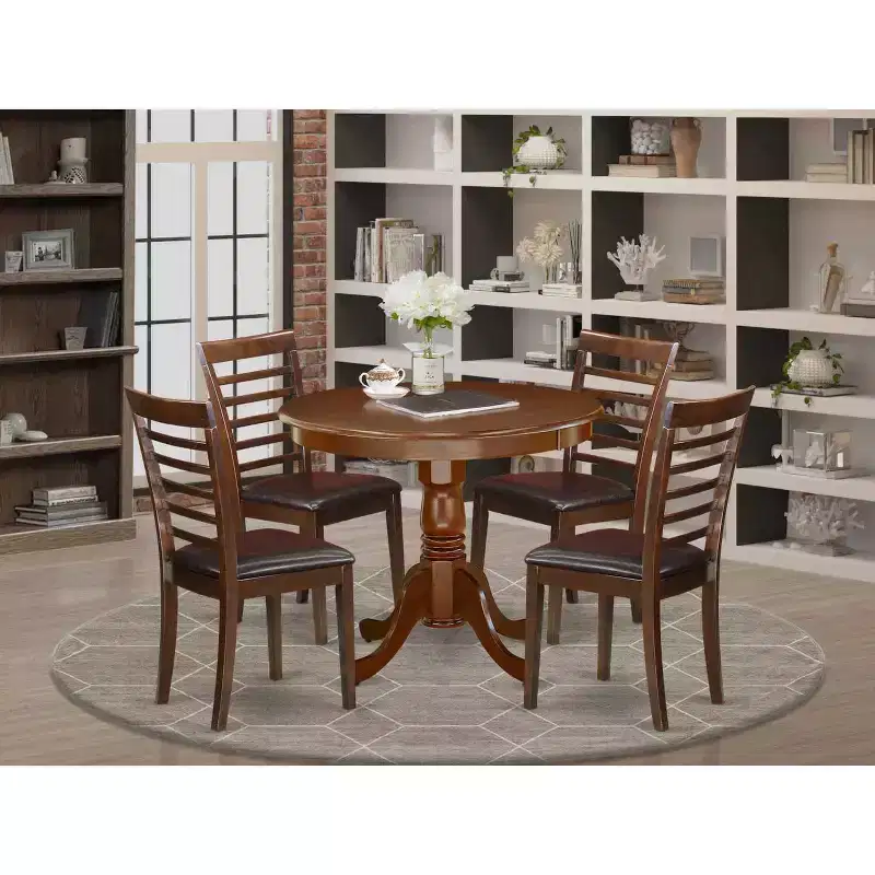 HomeStock 5-Piece Round Mahogany Finish Solid Wood Top Dining table with 4-Chairs