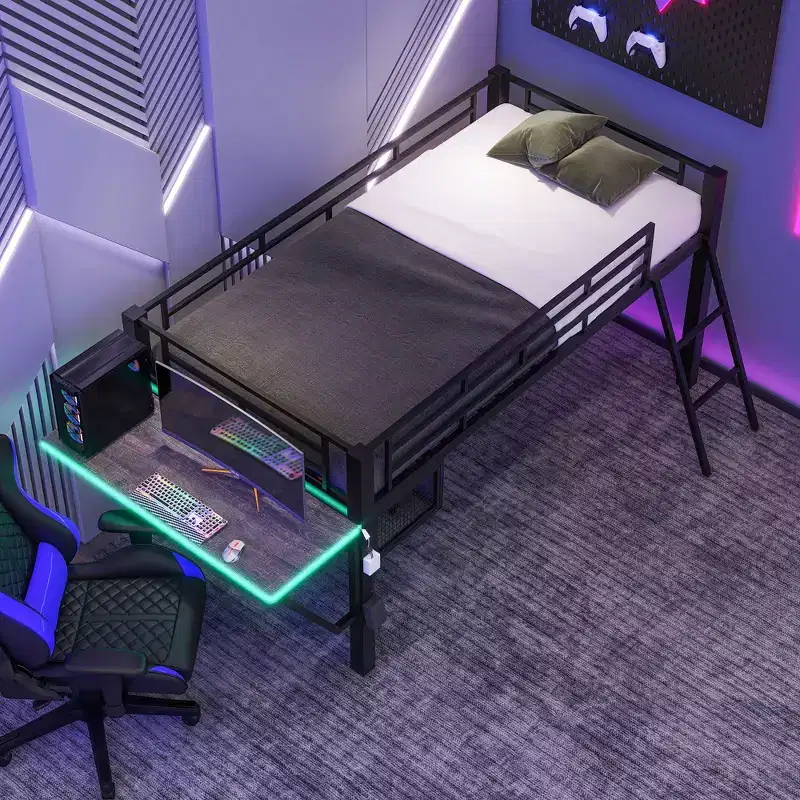 Loft Bed with Desk, Storage Shelves & LED Light, Black - ModernLuxe
