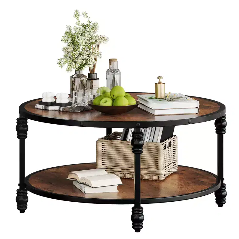 Acekool Round Coffee Table, Rustic 2-Tier Center Table with Storage Shelf, Wood Top & Metal Legs, Easy Assembly for Living Room