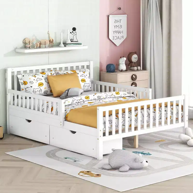 Full Size Wood Platform Bed with Guardrails on Both Sides and Two Storage Drawers, White