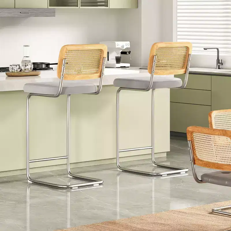 PexFix 2Pcs Counter Height Bar Stools Upholstered Velvet Barstools with Rattan Back 30 Height Stools Armless Bar Chairs for Kitchen Island Grey