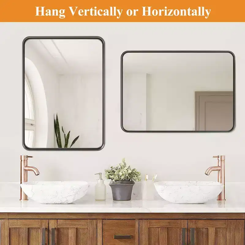 Glossy Black Coated Aluminum Alloy Rectangular Wall Mirror with Curved Edges