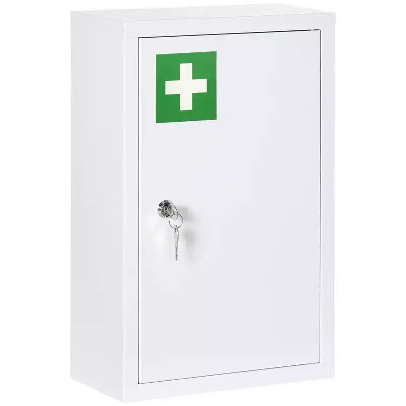 Locking Steel Medicine Cabinet, 3 Shelves, Wall Mount, White, 18