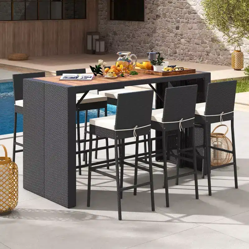Costway 7 Pieces Patio Bar Set with Acacia Wood Tabletop & Removable Cushions Outdoor